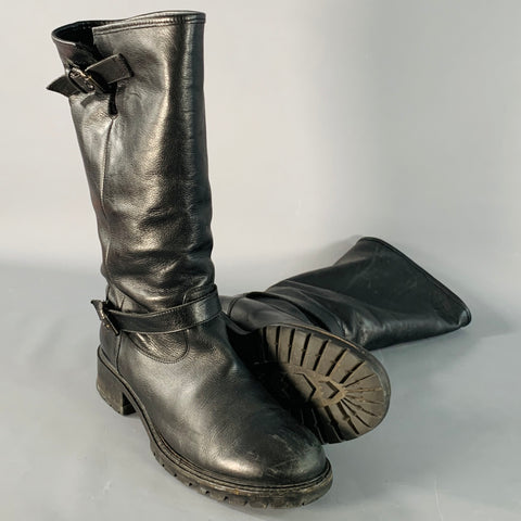 FENDI Size 9 Black Leather Shearling Lined Pull On Buckle Boots