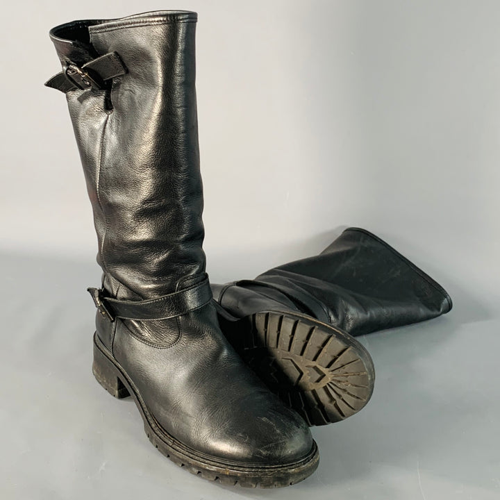 FENDI Size 9 Black Leather Shearling Lined Pull On Buckle Boots