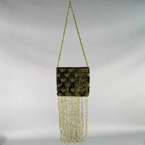 EMPORIO ARMANI Green Olive Logo Velvet Beaded Fringe Shoulder Handbag