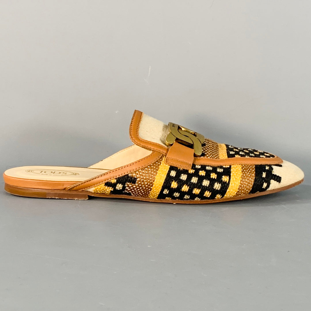 TOD'S Size 11 Tan Multi Color Canvas Abstract Chain Buckle Slip On Flats