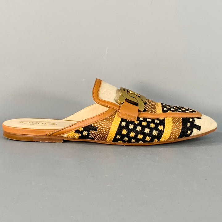 TOD'S Size 11 Tan Multi Color Canvas Abstract Chain Buckle Slip On Flats