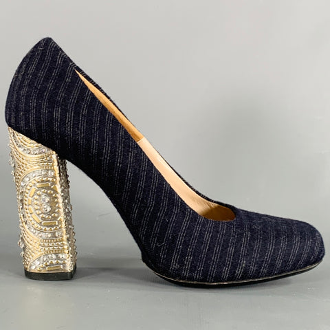 DRIES VAN NOTEN Size 7 Navy Silver Stripe Rhinestone Chunky Heel Pumps