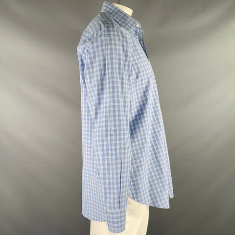 BRIONI Size L Blue Light Blue Plaid Cotton Button Up Long Sleeve Shirt
