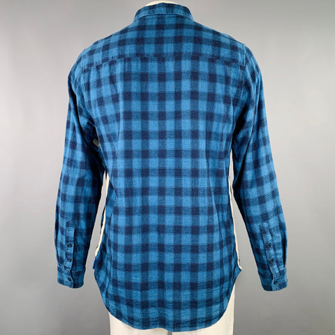 FOLK Size L Blue Navy Checkered Cotton One Pocket Long Sleeve Shirt