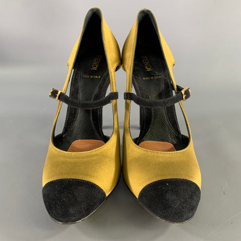 FENDI Size 7.5 Gold Black Satin Mary Jane Pumps