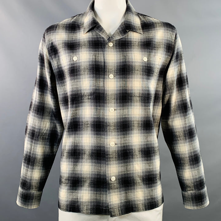 FILSON Size L Elk Heights Black Cream Plaid Cotton Two Pockets Long Sleeve Overshirt