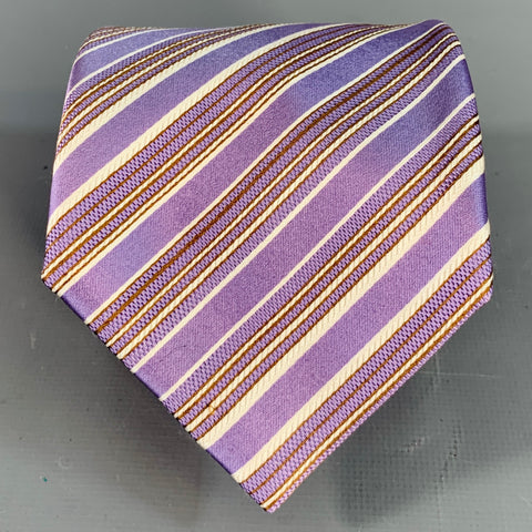 BRIONI Purple White Diagonal Stripe Silk Cotton Tie