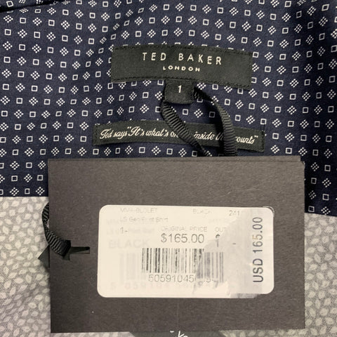 TED BAKER Size XS Blolet Black White Leaves Cotton Spread Collar Long Sleeve Shirt