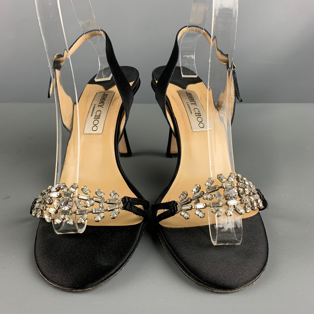 JIMMY CHOO Size 8.5 Black Satin Embellishment Slingback Sandals