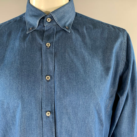 TOD'S Size L Navy Heather Cotton Button Down Long Sleeve Shirt