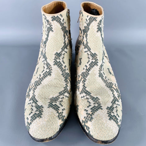MAISON MARTIN MARGIELA Size 12 Beige Green Embroidery Side Zipper Boots