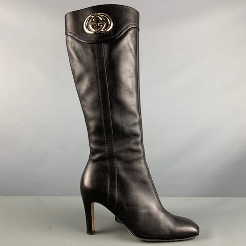 GUCCI Size 6.5 Black Gold Leather Side Zipper Boots
