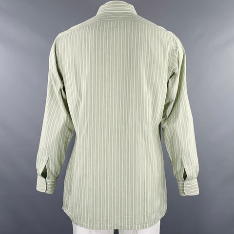 CHARVET Size L Green White Stripe Cotton Spread Collar Long Sleeve Shirt