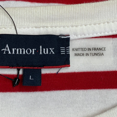 ARMOR-LUX Size L White Red Stripe Cotton Crew Neck T-shirt