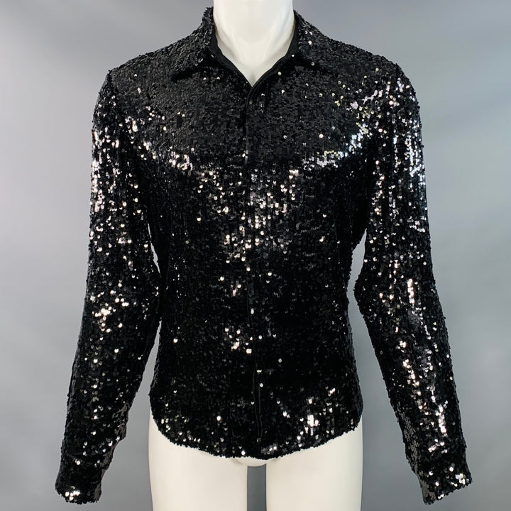 DRIES VAN NOTEN Size S Black Sequined Viscose Curved Cutaway Long Sleeve Shirt
