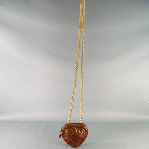 RENA LANGE Rare Brown Gold Heart Shaped Leather Crossbody Chain Handbag