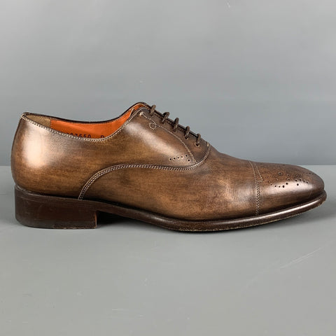SANTONI Size 7 Brown Burnished Perforated Leather Cap Toe Lace Up Shoes