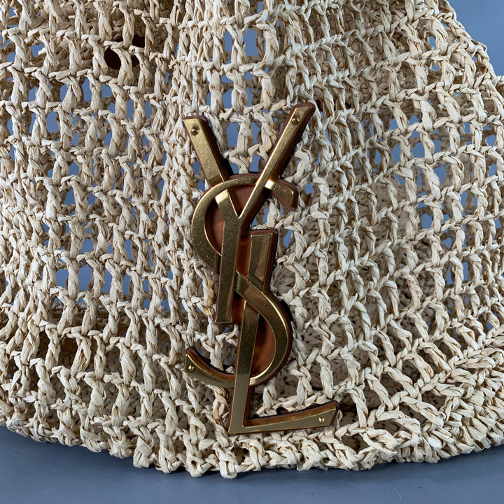 YVES SAINT LAURENT Icare Maxi Gold Natural Crochet Raffia Logo Tote Handbag