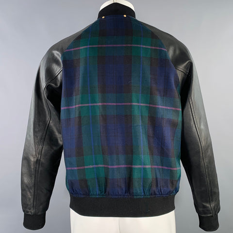 PAUL SMITH Size M Black Green Blue Plaid Leather Trim Bomber Jacket