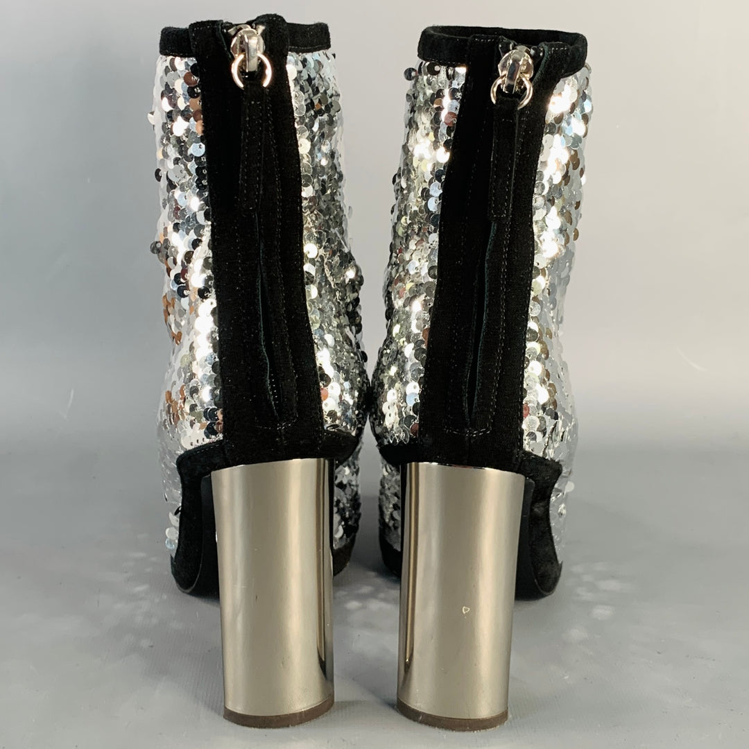GIUSEPPE ZANOTTI Size 7.5 Silver Black Sequined Back Zip Booties