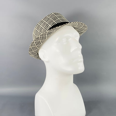 Chapeau Fedora en papier tressé noir et blanc VINTAGE