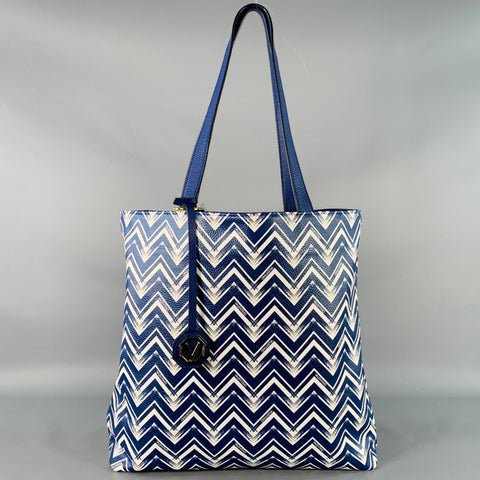 MARIO VALENTINO Blue White Reversible Chevron Pebble Grain Leather Tote Handbag