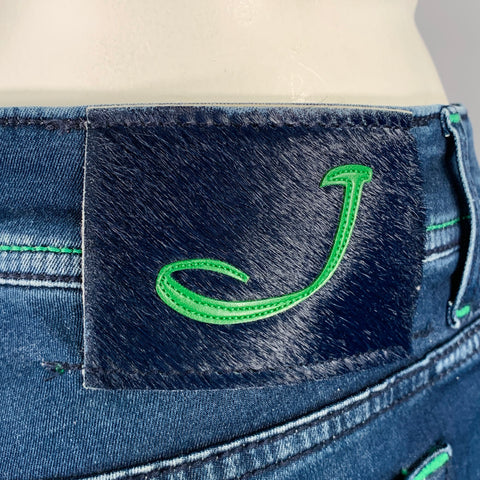 JACOB COHEN Size 34 Blue Green Contrast Stitch Cotton Blend Button Fly Jeans