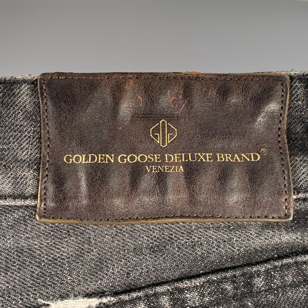GOLDEN GOOSE Size 34 Black Washed Selvedge Denim Tapered Distressed Jeans