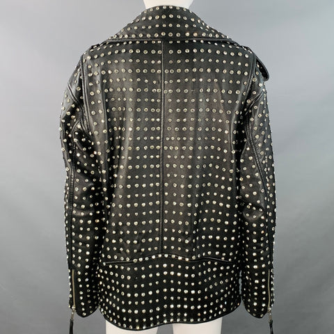 RETROFETE Taille M Blouson de motard en cuir d'agneau clouté de cristaux noir
