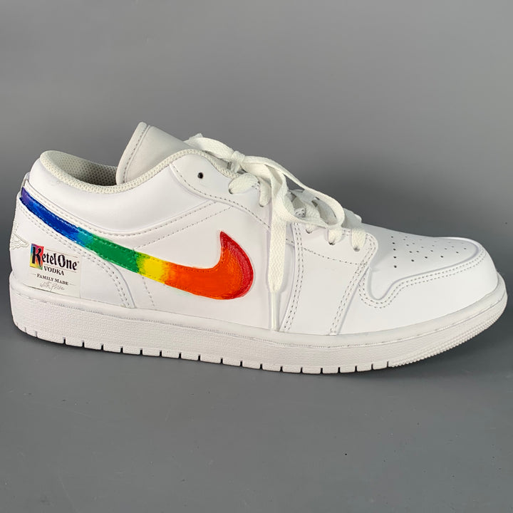 NIKE Size 11 Air Jordan 1 Low White Multi Color Rainbow Swoosh Leather Sneakers