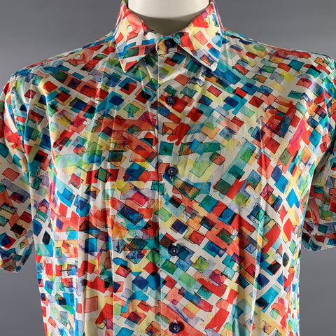 ROBERT GRAHAM Size XXL White Watercolor Geometric Short Sleeve Shirt