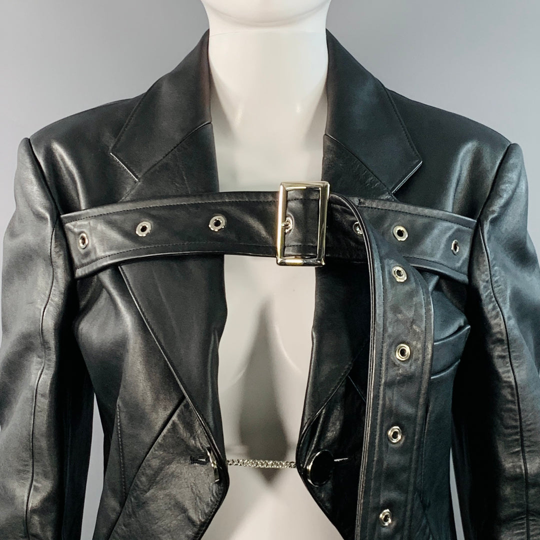 BURBERRY Size 4 Black Leather Biker Belted Coattails Jacket
