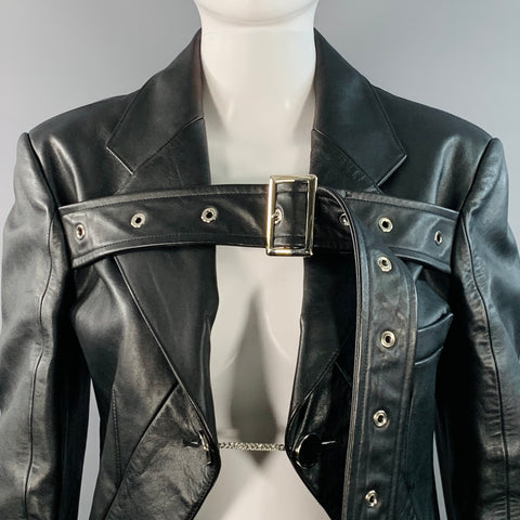 BURBERRY Size 4 Black Leather Biker Belted Coattails Jacket
