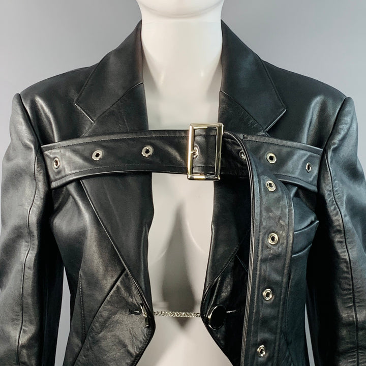 BURBERRY Size 4 Black Leather Biker Belted Coattails Jacket