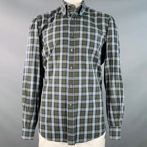 LUCIANO BARBERA Size 44 Blue Olive Plaid Cotton One Pocket Long Sleeve Shirt