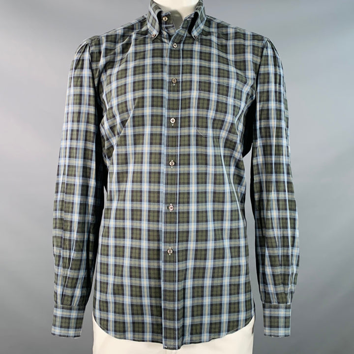 LUCIANO BARBERA Size 44 Blue Olive Plaid Cotton One Pocket Long Sleeve Shirt