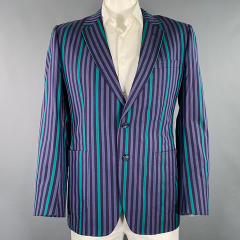 DUNHILL Size 42 Purple Green Stripe Cotton Single Breasted Sport Coat