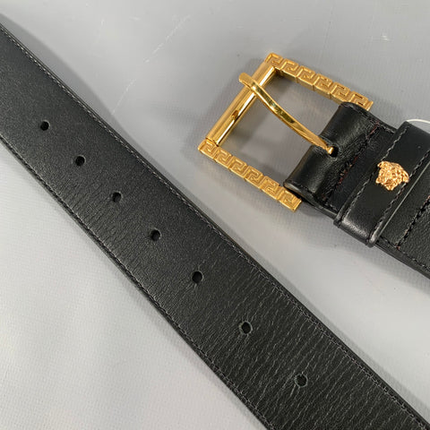 VERSACE Size 34 Black Gold Greca Leather Belt
