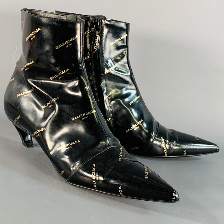 BALENCIAGA Size 8 Black Gold Logo Patent Leather Ankle Kitten Heel Boots