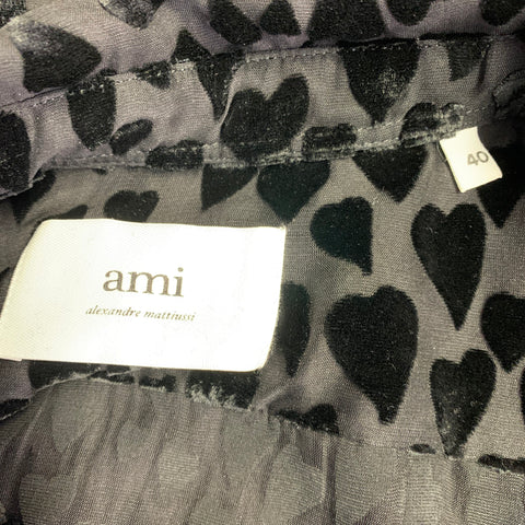 AMI by ALEXANDRE MATTIUSSI Size M Black Burnout Hearts Viscose Silk Long Sleeve Shirt