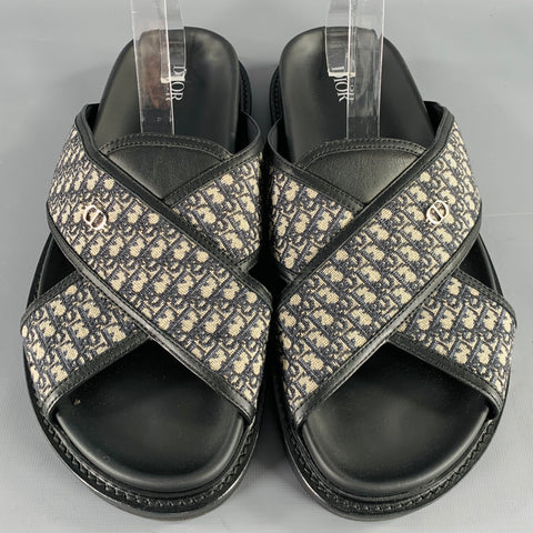 DIOR HOMME Size 12 Navy Beige Oblique Canvas Straps Sandals
