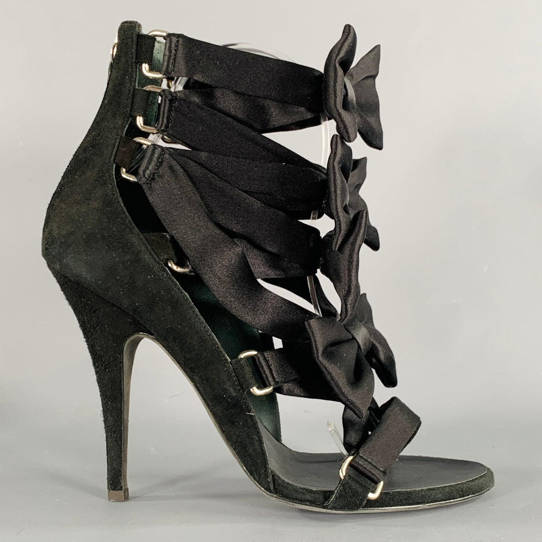 BALMAIN Size 8 Black Suede Bow Strappy Bow Sandals