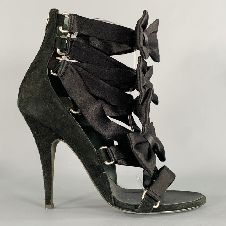 BALMAIN Size 8 Black Suede Bow Strappy Bow Sandals