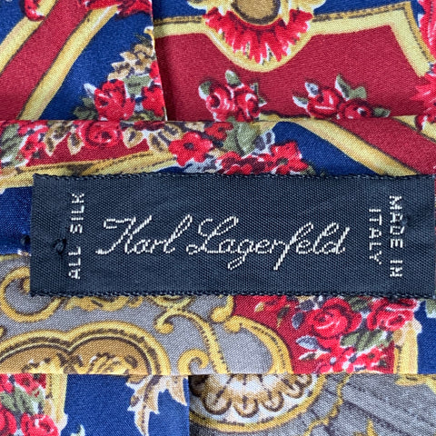 KARL LAGERFELD Red Blue Gold Baroque Floral Silk Tie