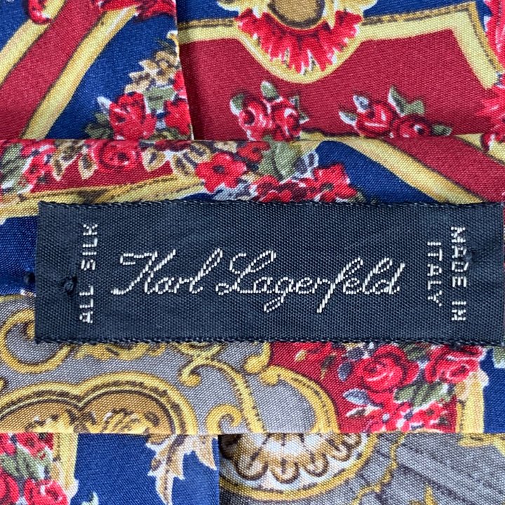 KARL LAGERFELD Red Blue Gold Baroque Floral Silk Tie