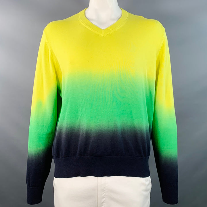 MR TURK Size XL Yellow Green Navy Ombre Cotton V-Neck Pullover