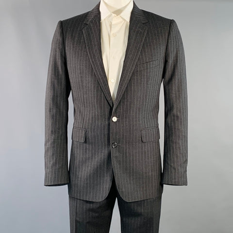 CELINE Size 44 Regular Grey Charcoal Stripe Wool Polyester Suit