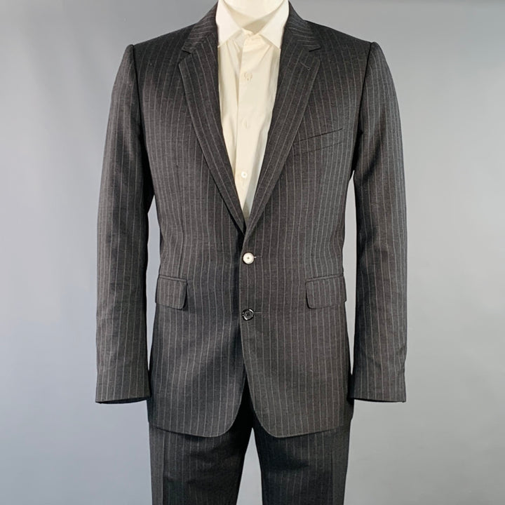 CELINE Size 44 Regular Grey Charcoal Stripe Wool Polyester Suit