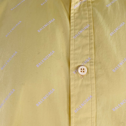 BALENCIAGA Size M Yellow White Logo Cotton Button Down Collar One Pocket Oversized Short Sleeve Shirt