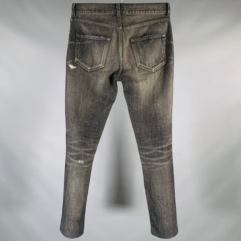 SAINT LAURENT Size 28 Grey Charcoal Distressed Cotton Straight Jeans